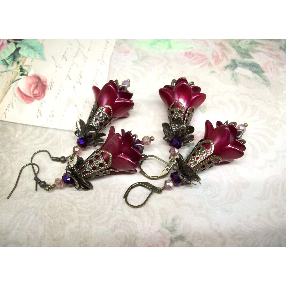Floral Statement Dangle Earrings, Antique Bronze Vintage Style, Hand Painted, Bu